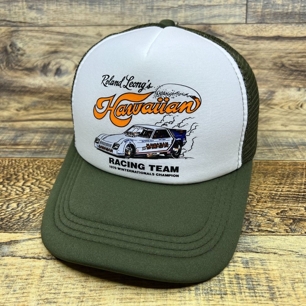 Roland Leong's Hawaiian Racing Team 1970 Mens Trucker Hat Olive Snapback 70s Cap